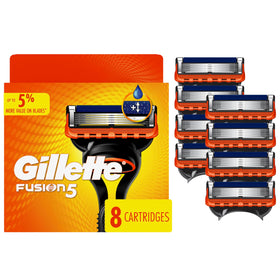 Gillette Fusion5 front packaging showing eight blade refills and brand benefit