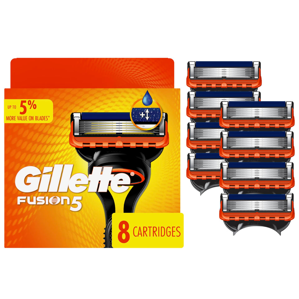 Gillette Fusion5 front packaging showing eight blade refills and brand benefit