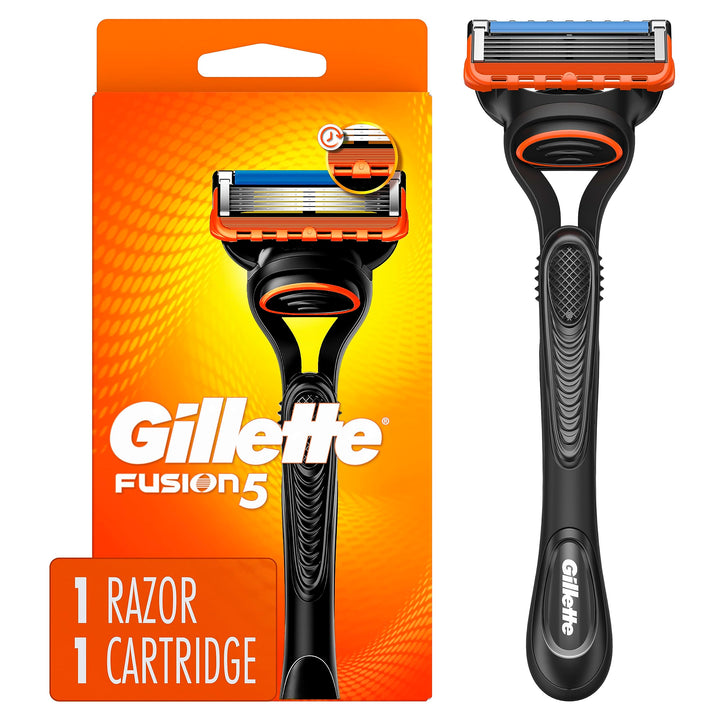 Gillette Fusion5 front view showing handle and cartridge for a closer shave