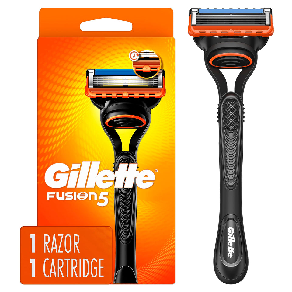 Gillette Fusion5 front view showing handle and cartridge for a closer shave