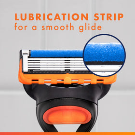 Gillette Fusion5 handle held in wet hand showing non-slip grip benefit
