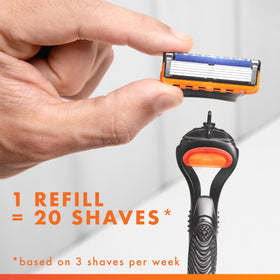 Gillette Fusion5 in hand illustrating scale and ergonomic handle for steady shaving