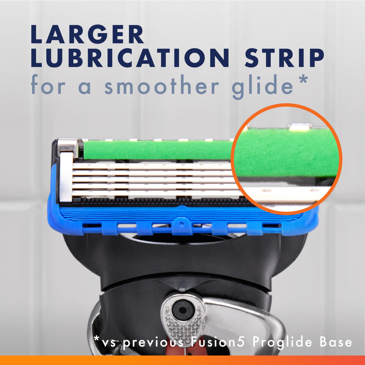 Gillette Fusion5 lubrication strip focus showing enhanced Lubrastrip for better glide
