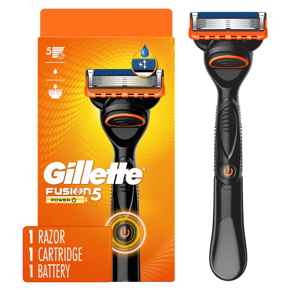 Gillette Fusion5 front packaging showing handle and refill, clear product view benefits ease
