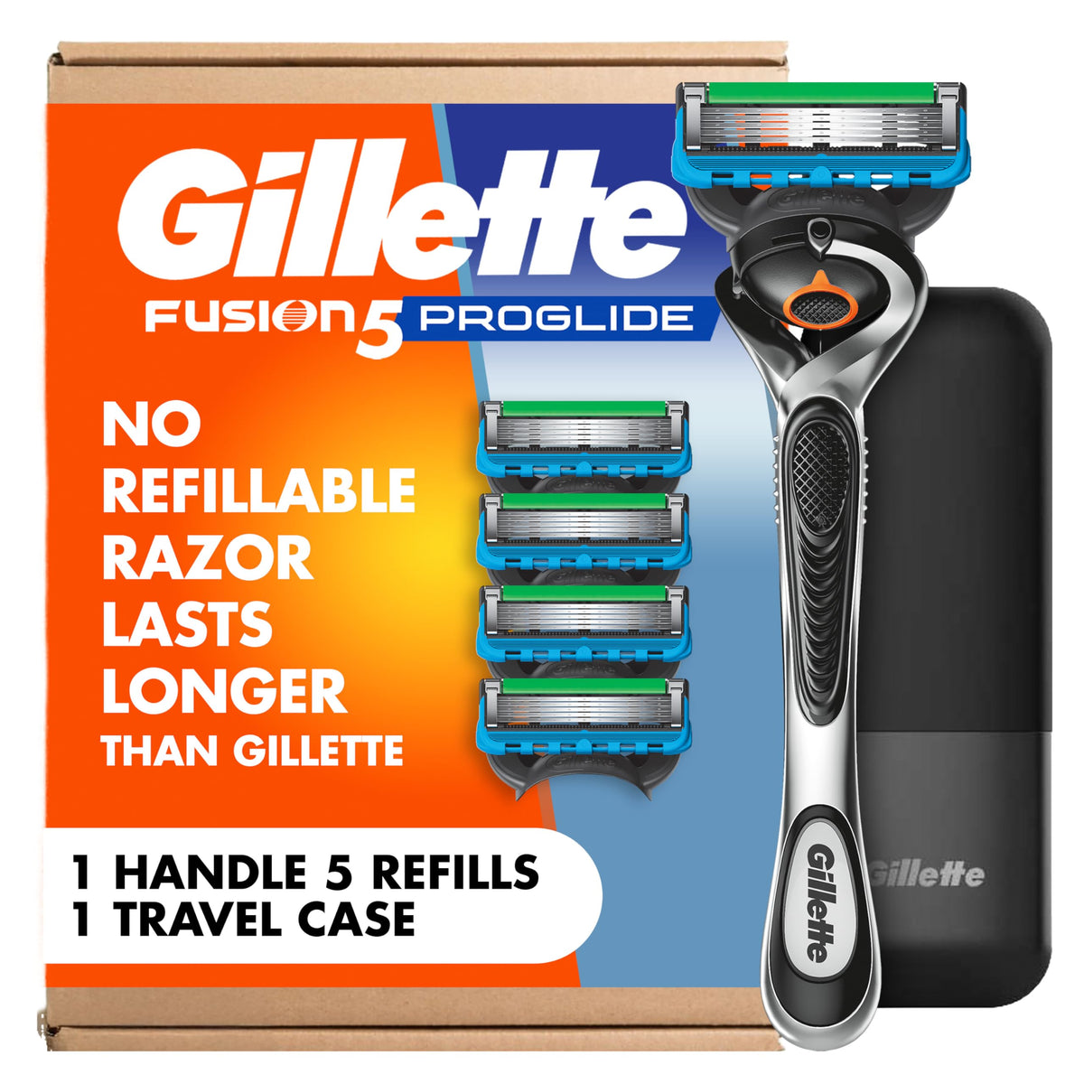 Gillette Fusion5 ProGlide front packaging showing kit contents and benefits