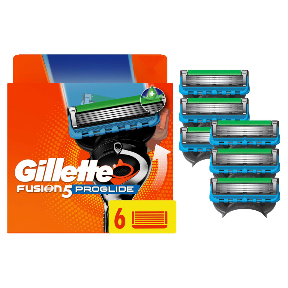 Gillette Fusion5 ProGlide front packaging showing six cartridges and brand clarity