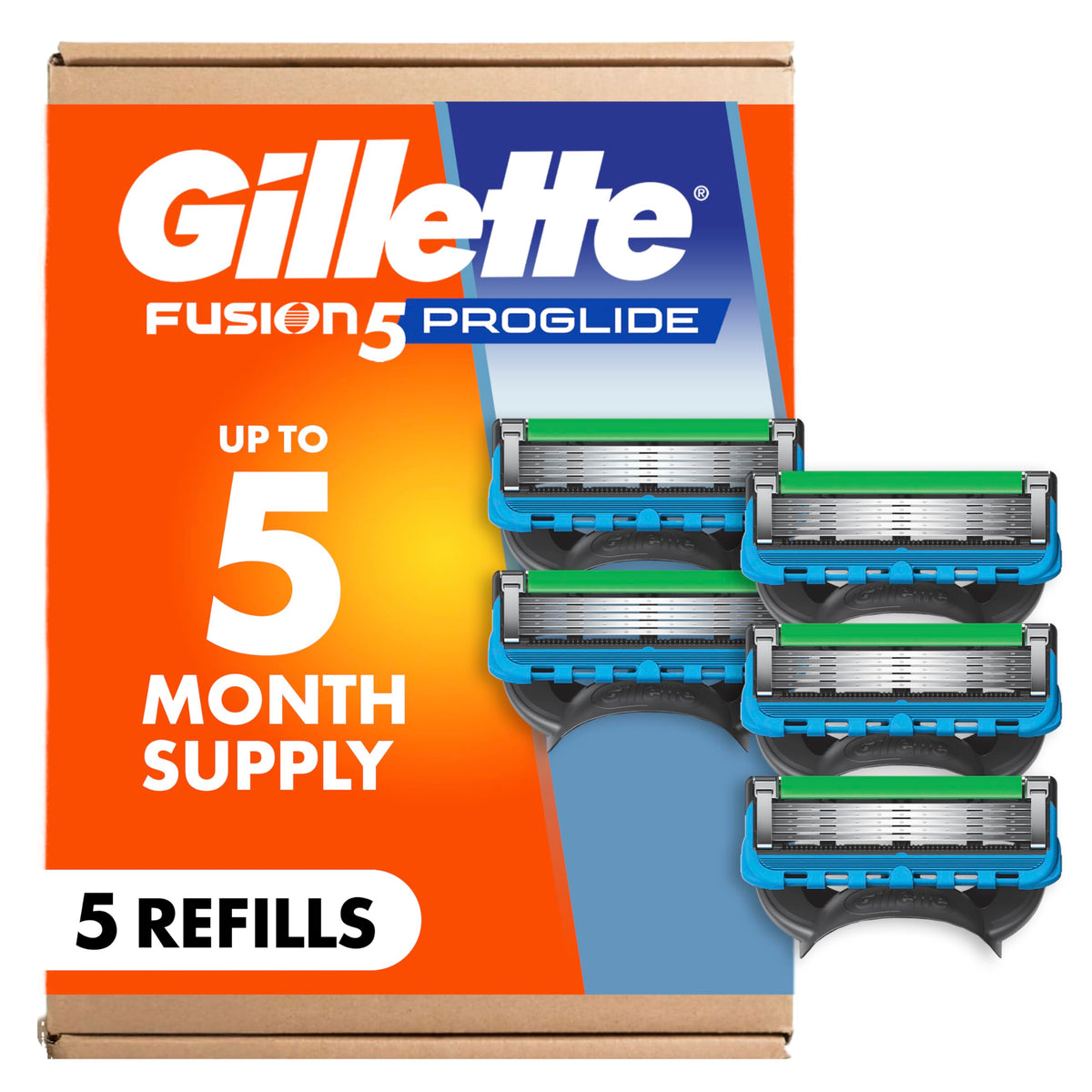 Gillette Fusion5 ProGlide front packaging showing five refill cartridges and convenience
