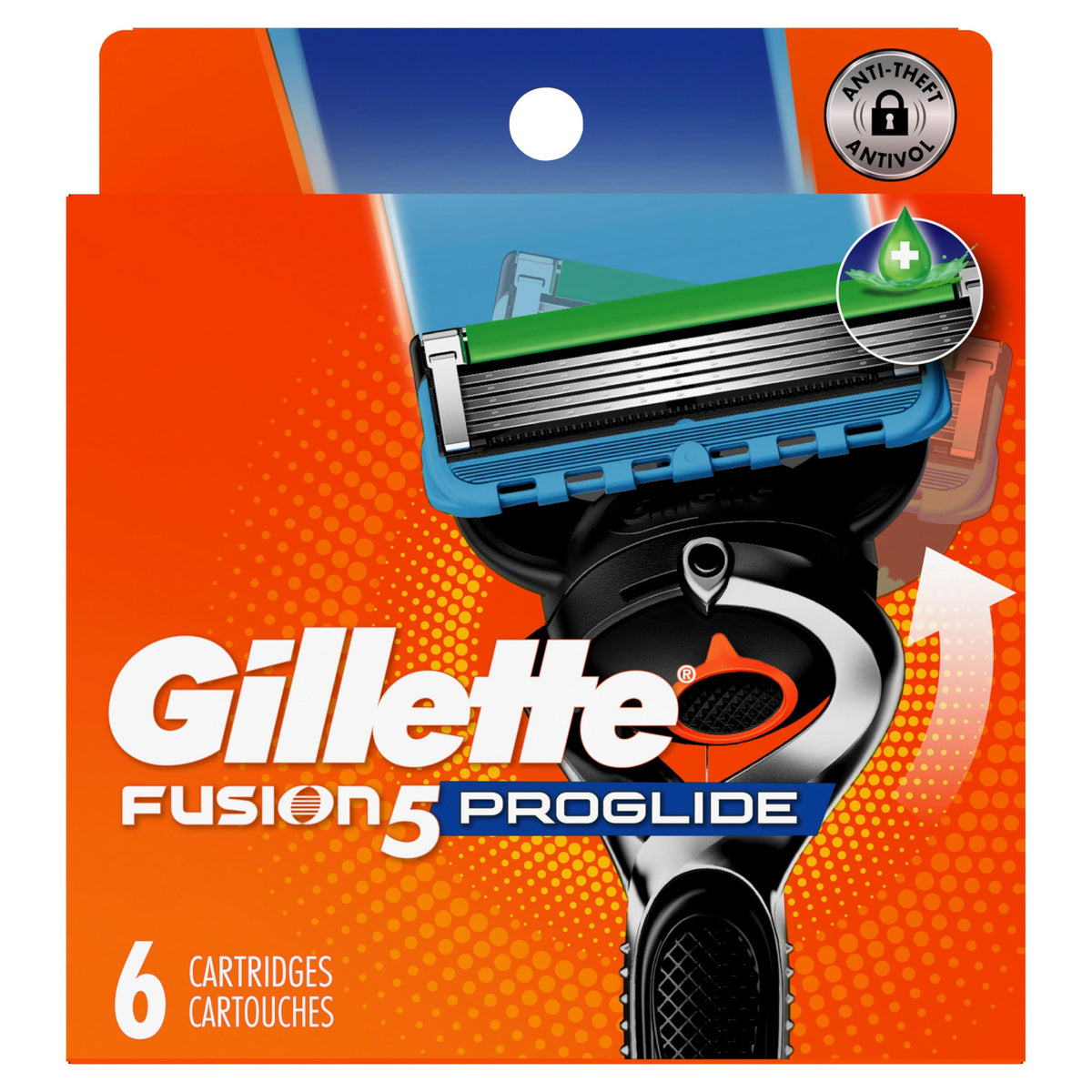 Gillette Fusion5 ProGlide pack staged in bathroom conveying everyday use convenience