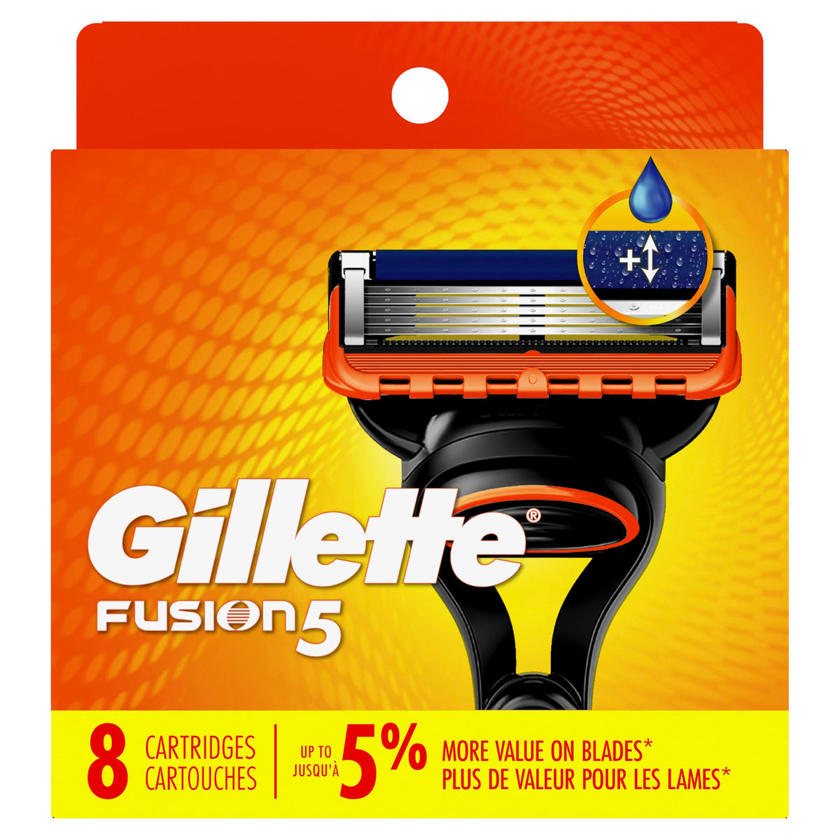 Gillette Fusion5 retail box opened displaying eight cartridges for stock-up buyers