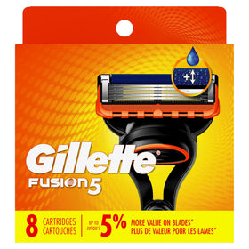 Gillette Fusion5 retail box opened displaying eight cartridges for stock-up buyers
