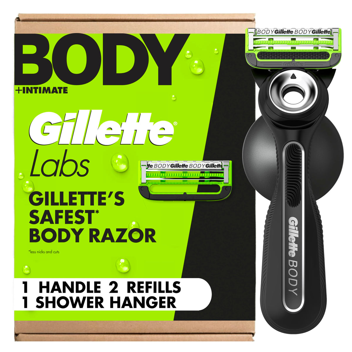 Gillette Labs front packaging showing included handle and two refills for convenience