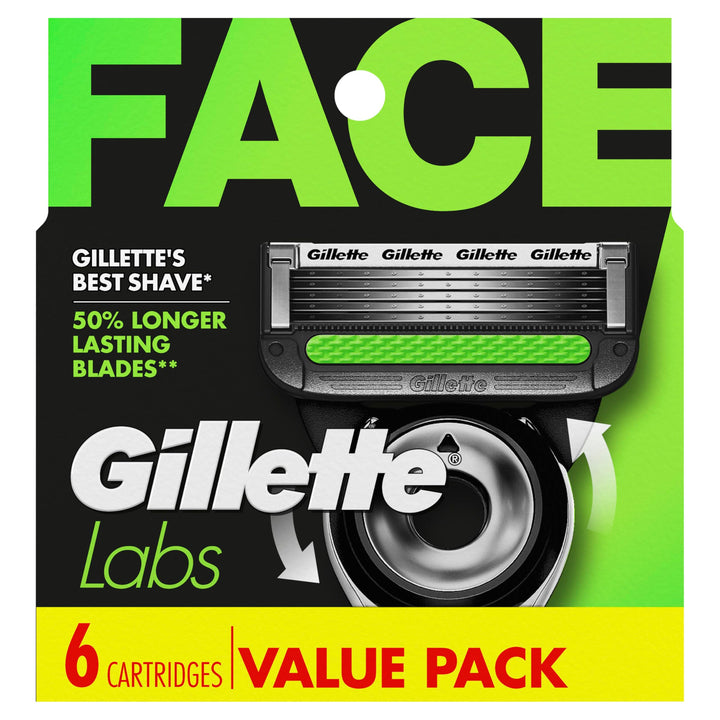Gillette Labs front packaging showing six refill cartridges and clear branding benefits