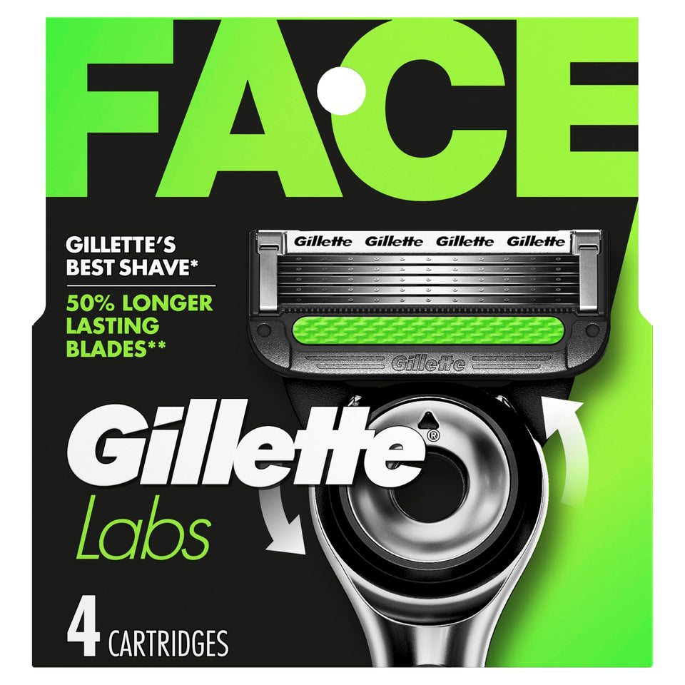Gillette Labs front packaging showing refills and clear benefits