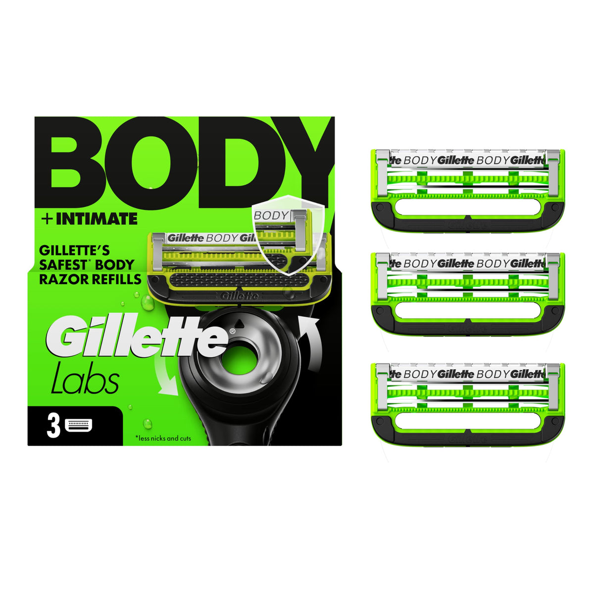 Gillette Labs front packaging showing refills and benefits for safer shaves
