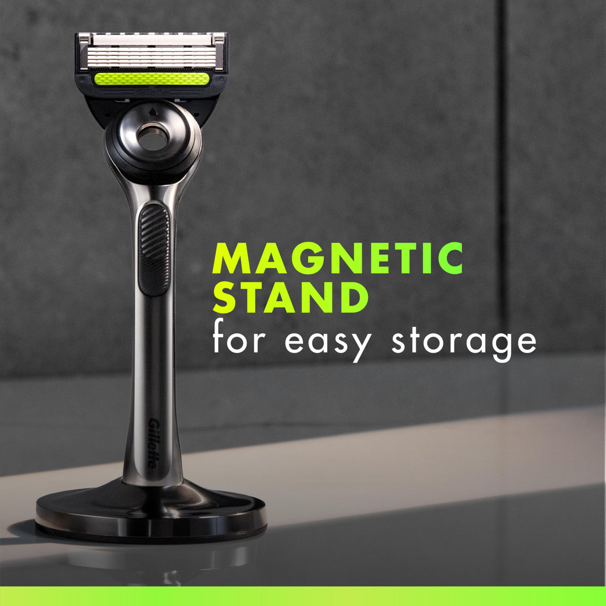 Gillette Labs magnetic stand holding razor upright to dry and stay clean