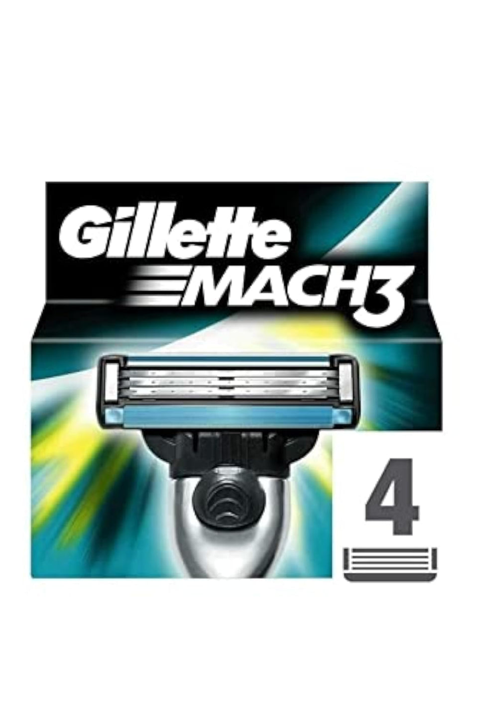 Gillette Mach-3 front packaging showing four cartridge pack and brand benefit