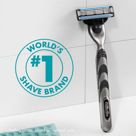 Gillette Mach3 razor in use during wet shave illustrating fewer passes