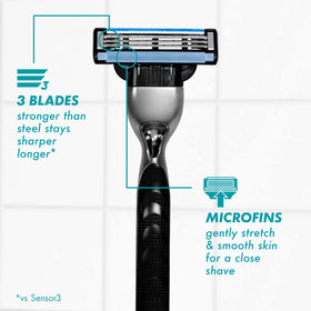 Gillette Mach3 close-up of three blades highlighting precise cutting performance
