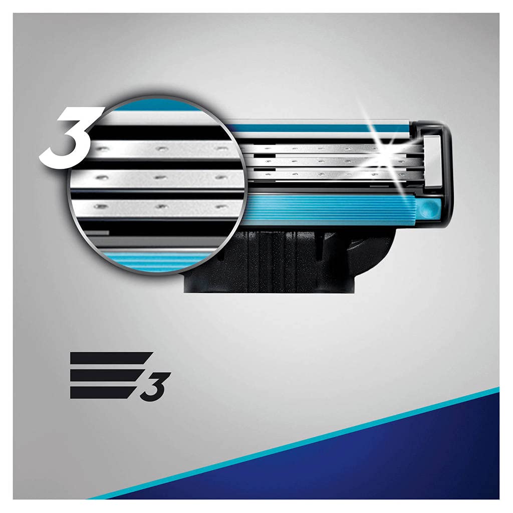 Gillette Mach3 close-up of three blades highlighting durable edge sharpness and smooth shave
