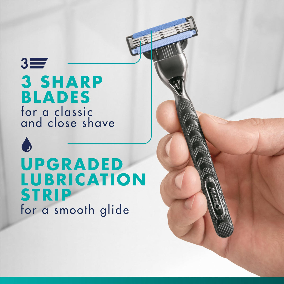 Gillette Mach3 blade close-up highlighting sharp DuraComfort blades for smooth cuts