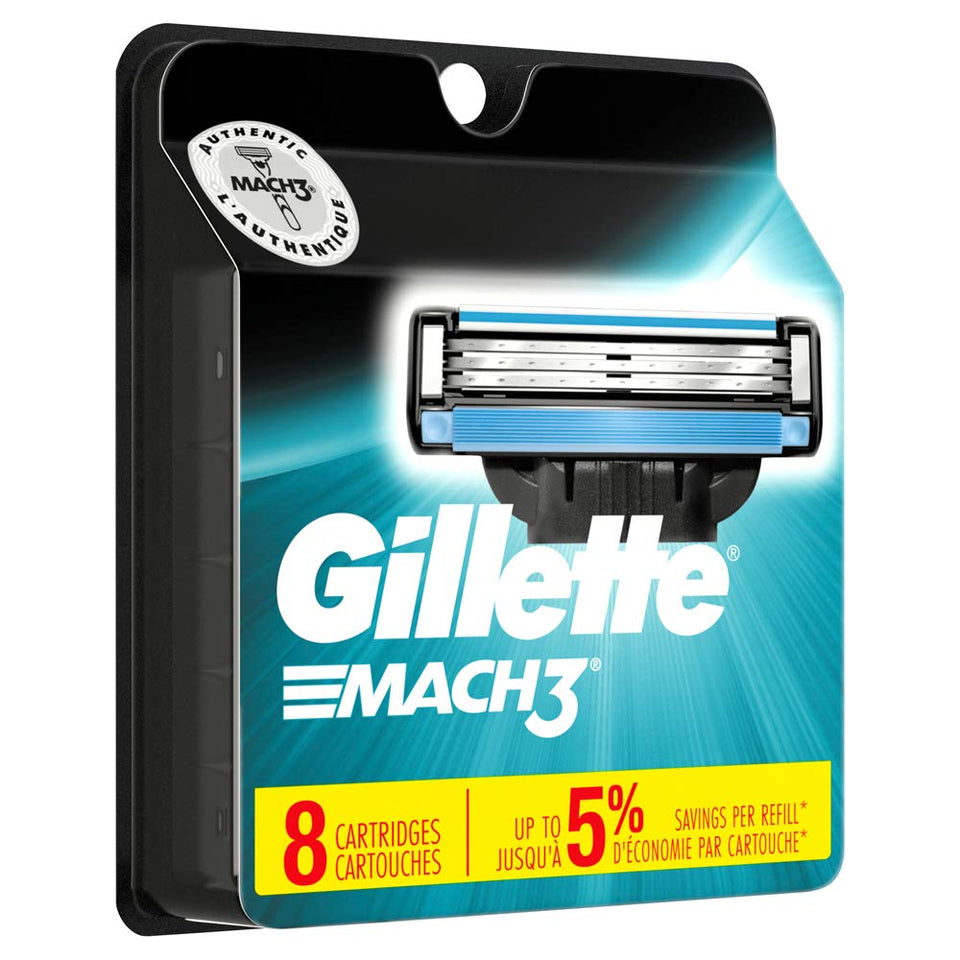 Gillette Mach3 front cartridge close-up shows blades for smoother, less-irritating shaves
