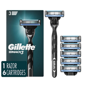 Gillette Mach3 front view showing handle and six cartridges for reliable shave