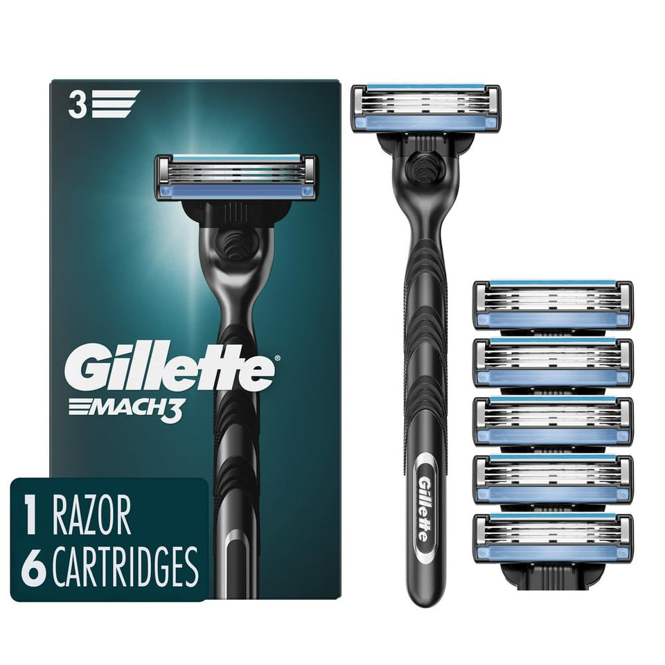 Gillette Mach3 front view showing handle and six cartridges for reliable shave