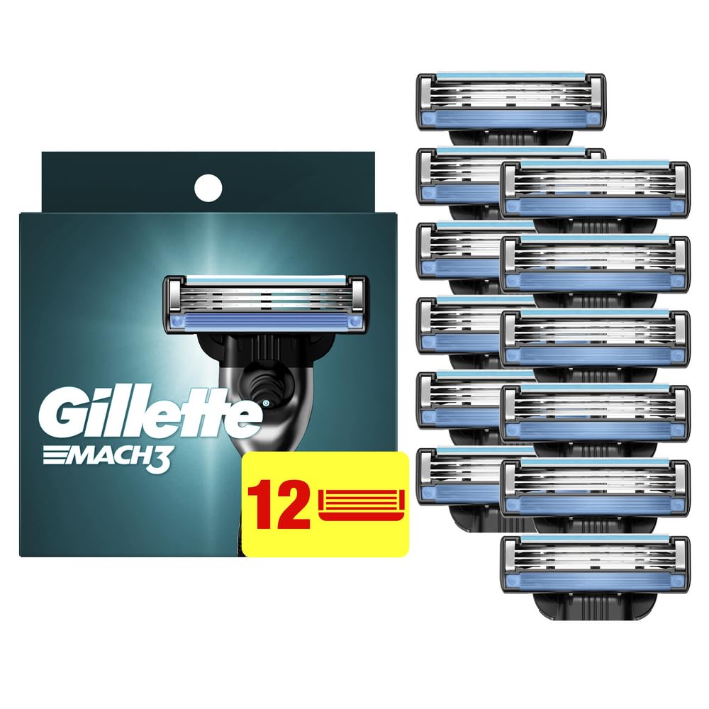 Gillette Mach3 front packaging showing twelve refills and product benefit