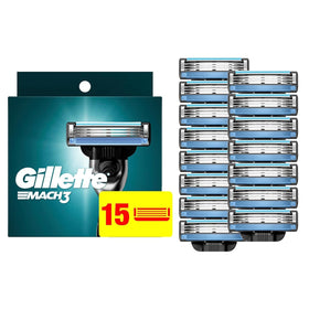 Gillette Mach3 front packaging showing 15 refill cartridges and product branding benefit convenience