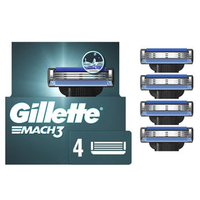 Gillette Mach3 front packaging showing four blade refills and product benefits