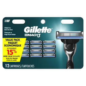 Gillette Mach3 front packaging showing 12 cartridges and convenience