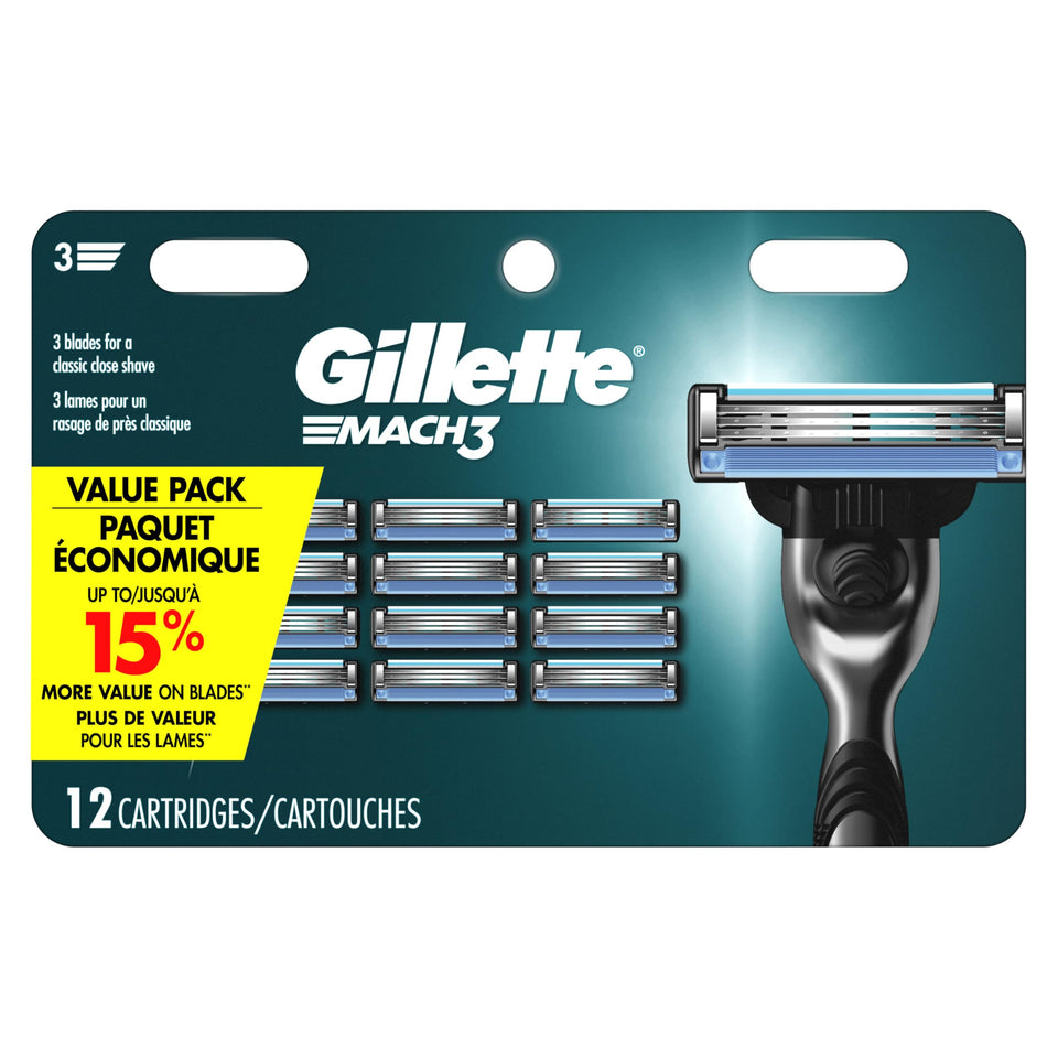 Gillette Mach3 front packaging showing 12 cartridges and convenience