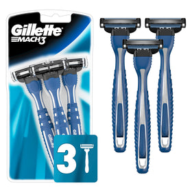 Gillette Mach3 front packaging showing three disposable razors for convenient shaving