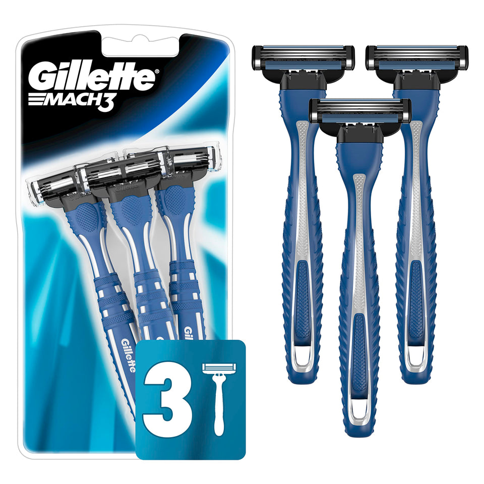 Gillette Mach3 front packaging showing three disposable razors for convenient shaving