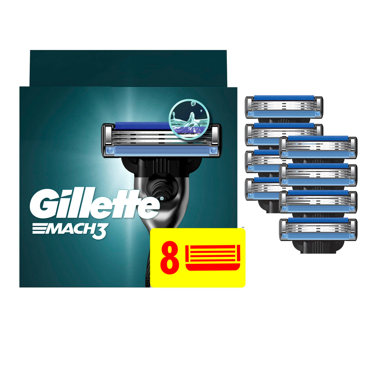 Gillette Mach3 front packaging showing eight refills and brand benefit