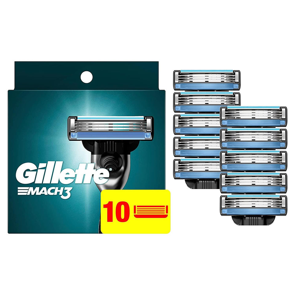 Gillette Mach3 front packaging showing 10 cartridges and brand benefit