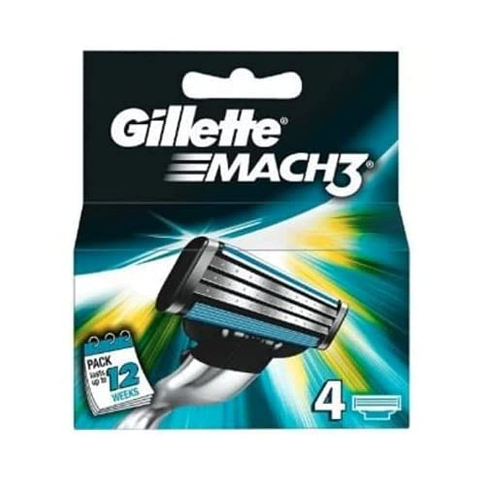 Gillette Mach3 front packaging showing four cartridges and clear labeling for convenience