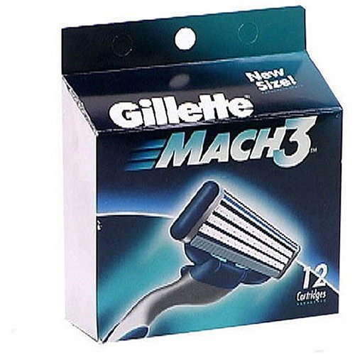 Gillette Mach3 front packaging showing 12 cartridges and clear replacement benefit