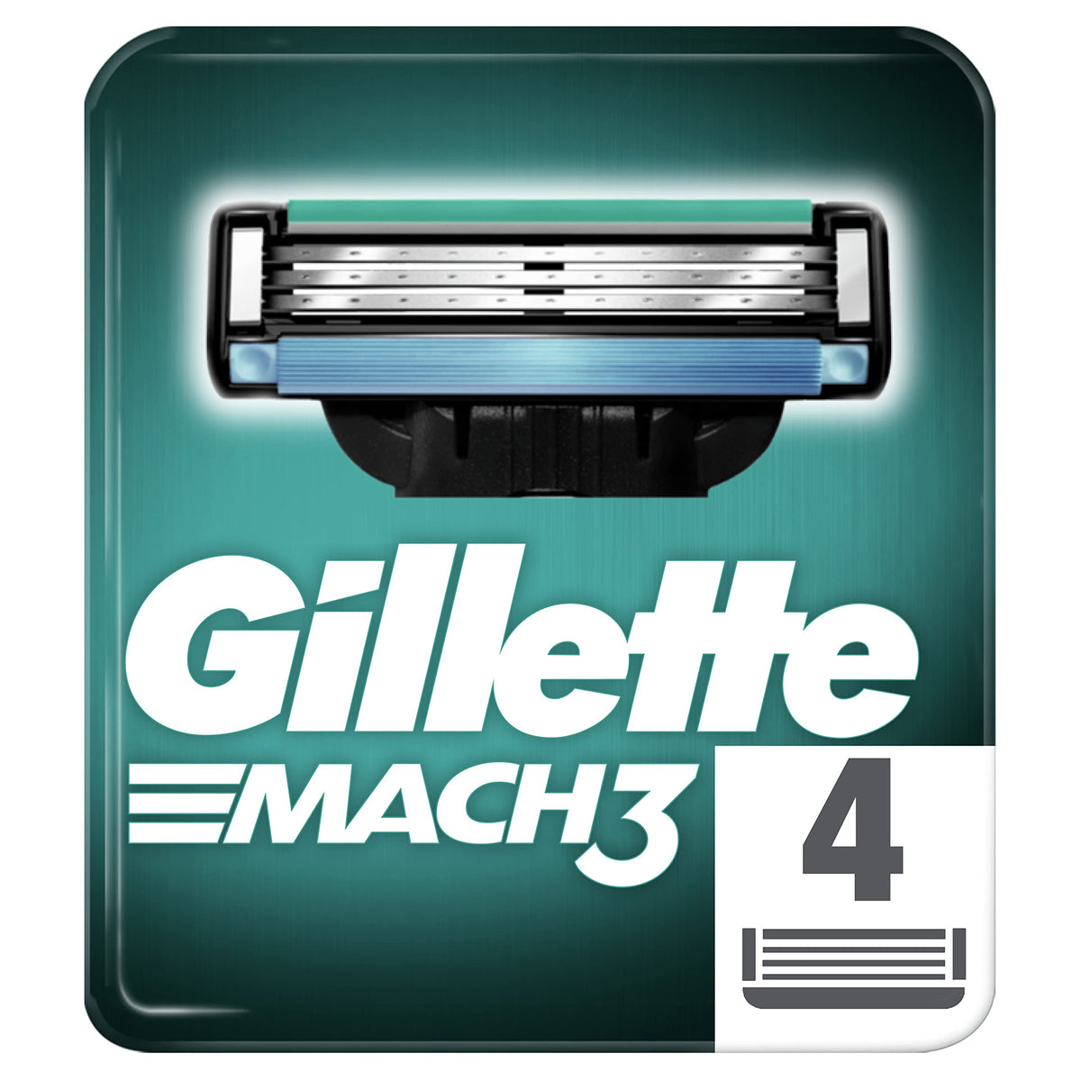 Gillette Mach3 front packaging showing blades and lasting glide benefit