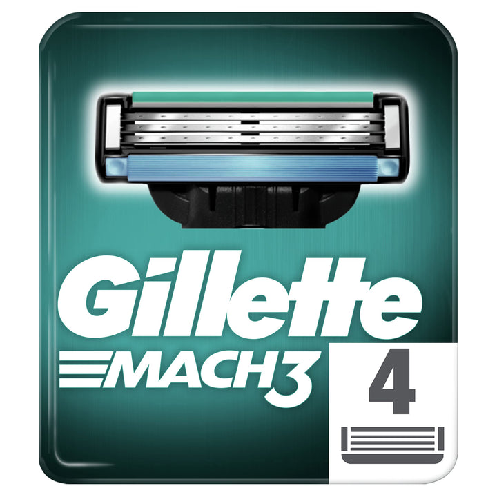 Gillette Mach3 front packaging showing blades and lasting glide benefit