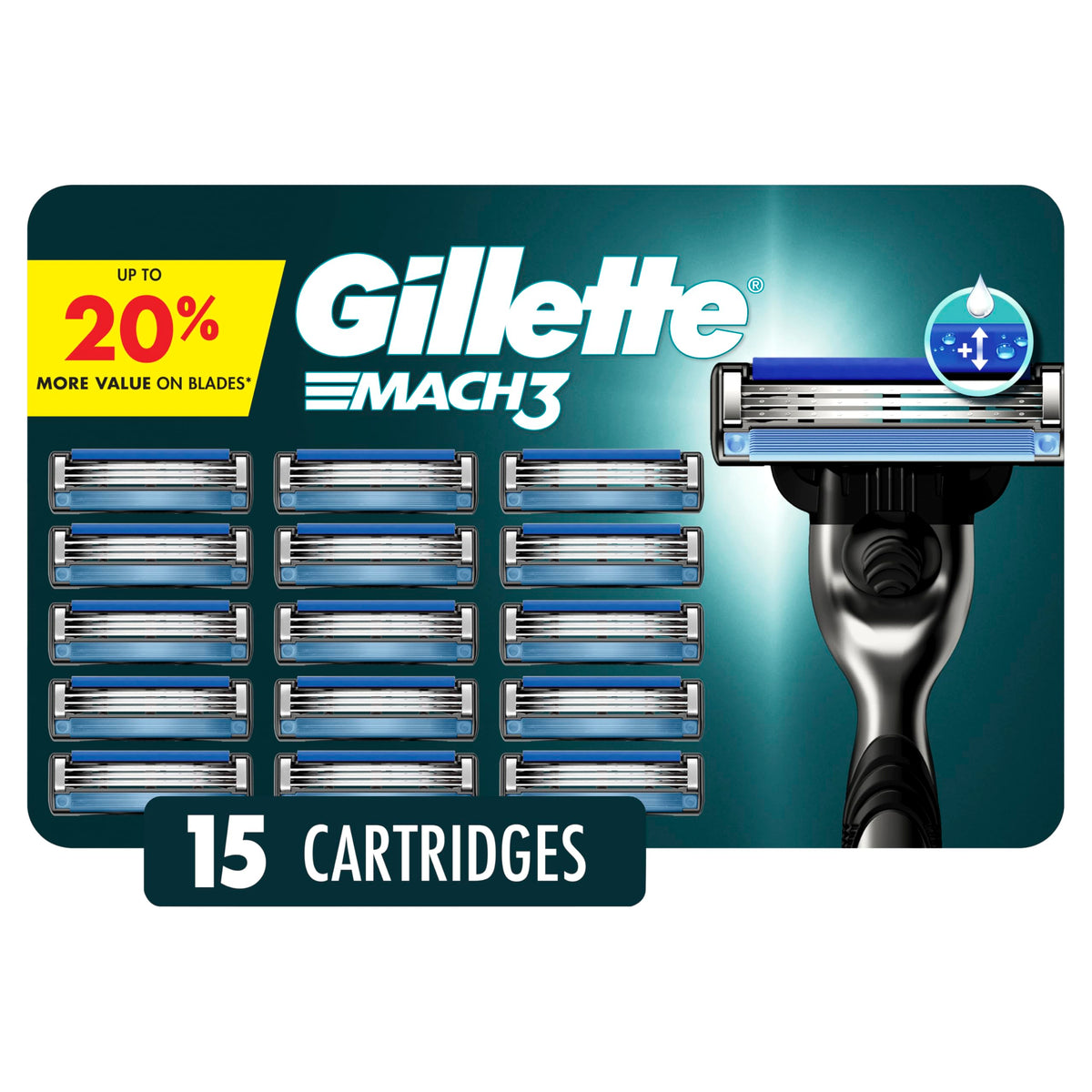 Gillette Mach3 front packaging showing 15-count refills and value benefit