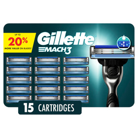 Gillette Mach3 front packaging showing 15-count refills and value benefit
