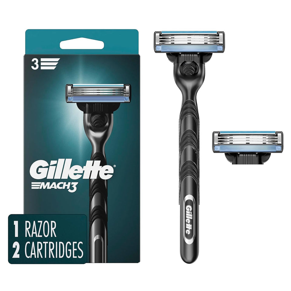 Gillette Mach3 front view showing handle and two refill cartridges for durable grip