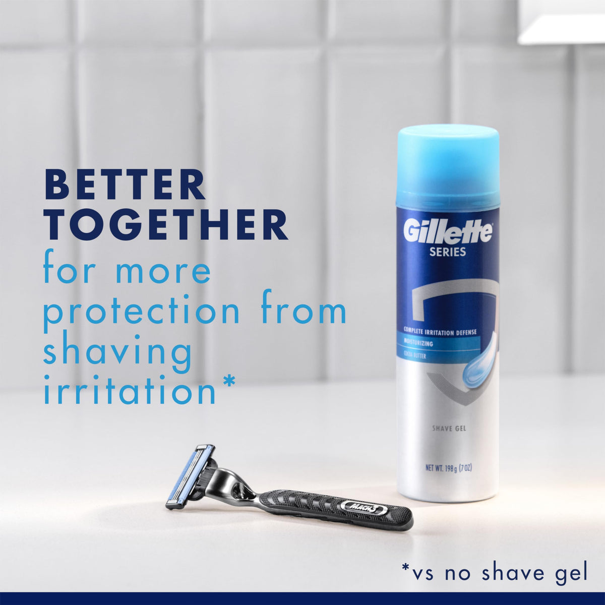 Gillette Mach3 refills displayed in bathroom setting implying everyday grooming ease