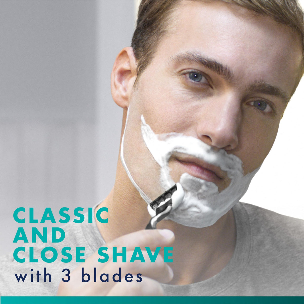 Gillette Mach3 cartridge rinsing under water showing open-blade cleanability benefit