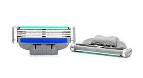 Eight Gillette Mach 3 cartridges next to a ruler to show pack size and storage convenience