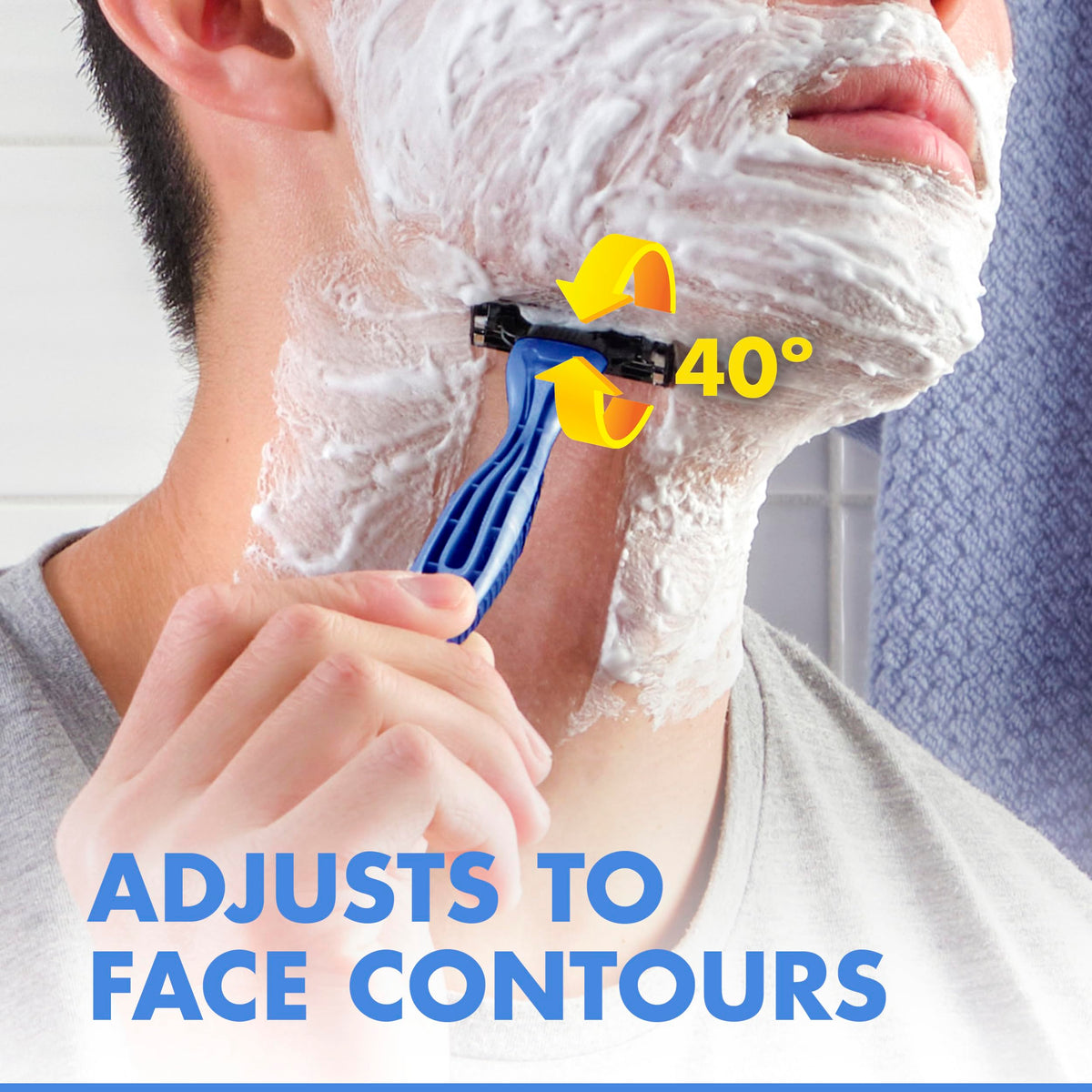 Gillette Mach3 pivoting head at angle following facial contour for even contact