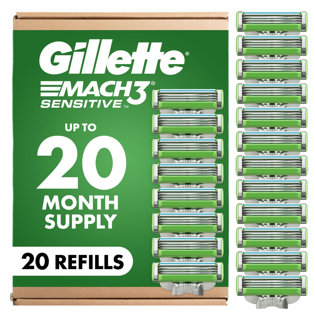 Gillette Mach3 front packaging showing 20-count and benefits for sensitive skin