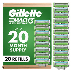 Gillette Mach3 front packaging showing 20-count and benefits for sensitive skin