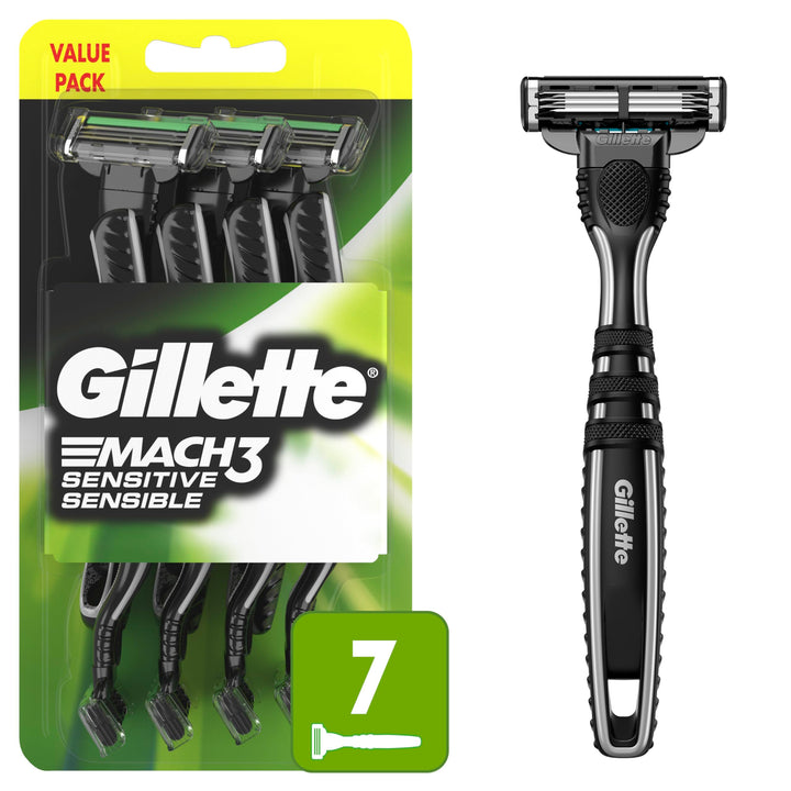 Gillette Mach3 sensitive front packaging showing product benefits
